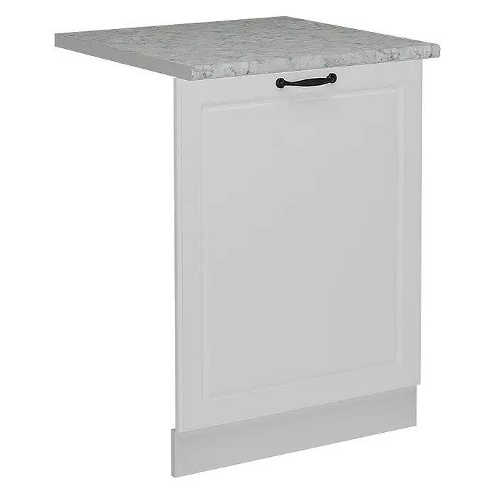 Geschirrspülblende R-Line 60 cm Weiß Landhaus Art.-Nr. 55072 -  - Weißer Küchenunterschrank mit Arbeitsplatte in Marmoroptik, schwarzem Griff und grauem Sockel.