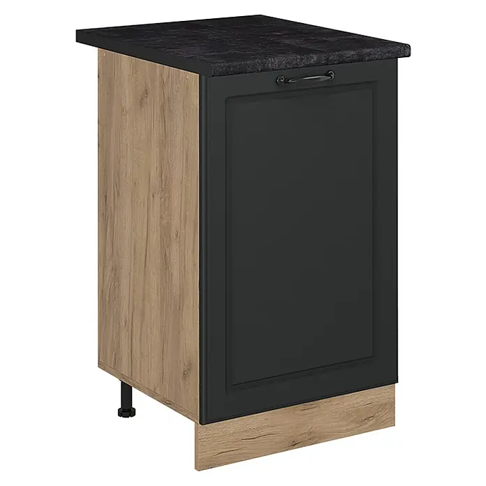 Küchenunterschrank R-Line 50 cm Anthrazit Landhaus Art.-Nr. 70355 -  - Schwarzer Küchenunterschrank mit Holzoptik-Seitenpaneel, dunkler Arbeitsplatte und schwarzem Griff.