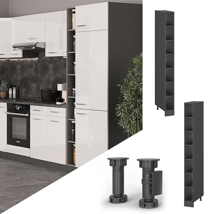 Küchenregal R-Line 20 cm Anthrazit Art.-Nr. 60566 -  - Glänzende weiße Küchenschränke mit dunkelgrauem Hochschrank, modularen Regalen und verstellbaren Füßen.