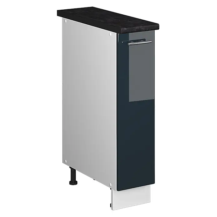 Apothekerschrank Fame-Line 20 cm Dunkelblau Hochglanz Art.-Nr. 62075 -  - Schmaler Küchenunterschrank mit dunkler Arbeitsplatte, dunkelblau/grauer Tür, Chromgriff und hellgrauer Seitenwand, auf verstellbaren Füßen.