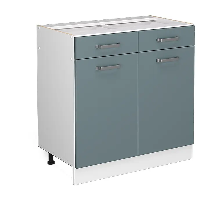Küchenfront R-Line 79.2 cm Blau-Grau Art.-Nr. 40933 -  - Küchenunterschrank mit zwei Türen und zwei Schubladen, hellgrauer Korpus, dunkelgrau-blaue Fronten, silberne Griffe und weiße Sockelblende.