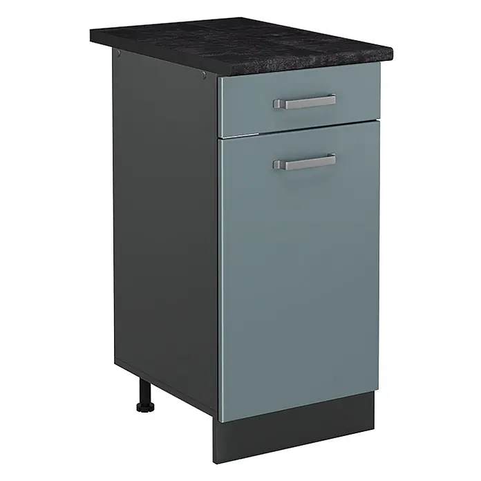 Küchenunterschrank R-Line 40 cm Blau-Grau Art.-Nr. 61062 -  - Dunkelgrauer Küchenunterschrank mit schwarzer Arbeitsplatte, einer hellblau-grauen Schublade und einer Tür mit silbernen Griffen.