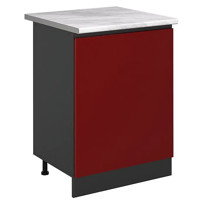 Küchenunterschrank R-Line 60 cm Rot Art.-Nr. 72045 -  - Roter Unterschrank mit anthrazitfarbenem Korpus, weißer Marmorplatte und verstellbarem Fuß.