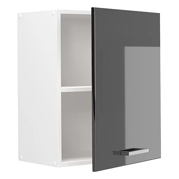 Hängeschrank R-Line 50 cm Anthrazit Hochglanz Art.-Nr. 70016 -  - Weißer Wandschrank mit dunkelgrauer Hochglanztür, leicht geöffnet mit Regalböden. Silberner Griff.
