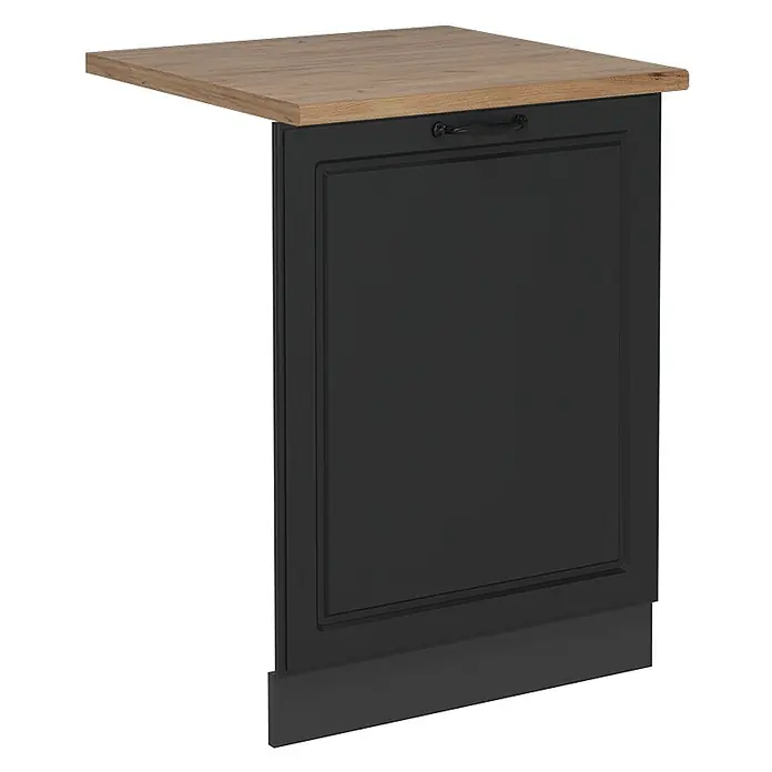 Geschirrspülblende R-Line 60 cm Anthrazit Landhaus Art.-Nr. 55152 -  - Dunkelgraue Kücheninsel-Endplatte mit Rahmen-Design, schwarzem Griff und auskragender heller Holzoptik-Arbeitsplatte.