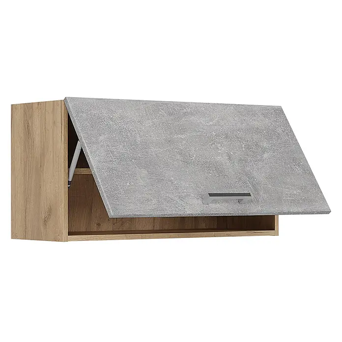 Hängeschrank R-Line 80 cm Beton Art.-Nr. 63084 -  - Hängeschrank aus hellem Holz mit grauer Tür in Betonoptik, die sich nach oben öffnet, und silbernem Griff.