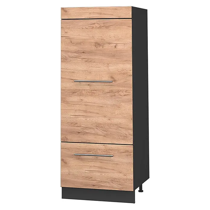 Vorratsschrank Fame-Line 60 cm Goldkraft Eiche Art.-Nr. 62650 -  - Hoher Schrank in heller Holzoptik mit dunkelgrauem Korpus und zwei Schubladen mit silbernen Griffen.