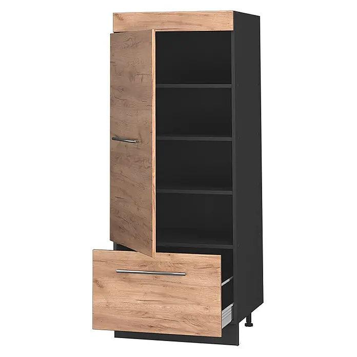Vorratsschrank Fame-Line 60 cm Goldkraft Eiche Art.-Nr. 62650 -  - Hoher Hochschrank mit holzfarbener Tür und Schublade teilweise geöffnet, zeigt dunkle Einlegeböden und Auszüge.