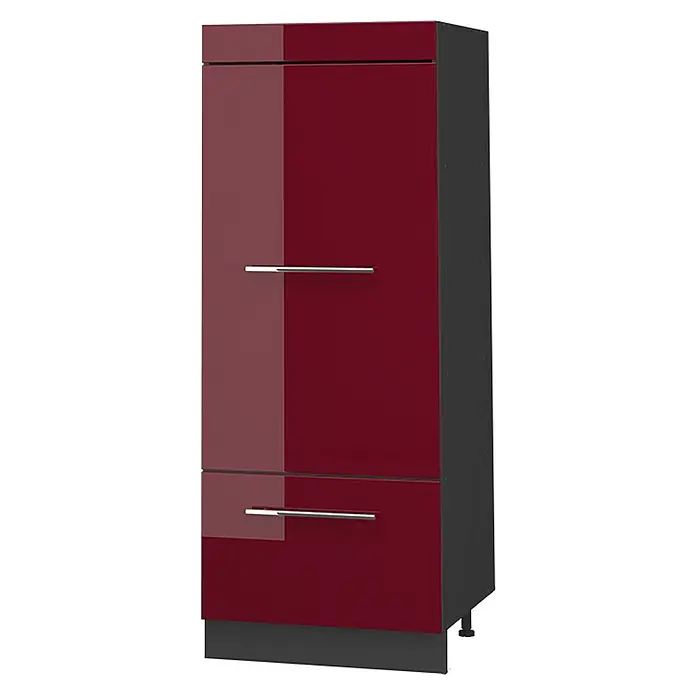 Vorratsschrank Fame-Line 60 cm Bordeaux Hochglanz Art.-Nr. 62653 -  - Hoher, schmaler Küchenschrank mit glänzend roten Türen und silbernen Griffen auf dunkelgrauen Seiten.