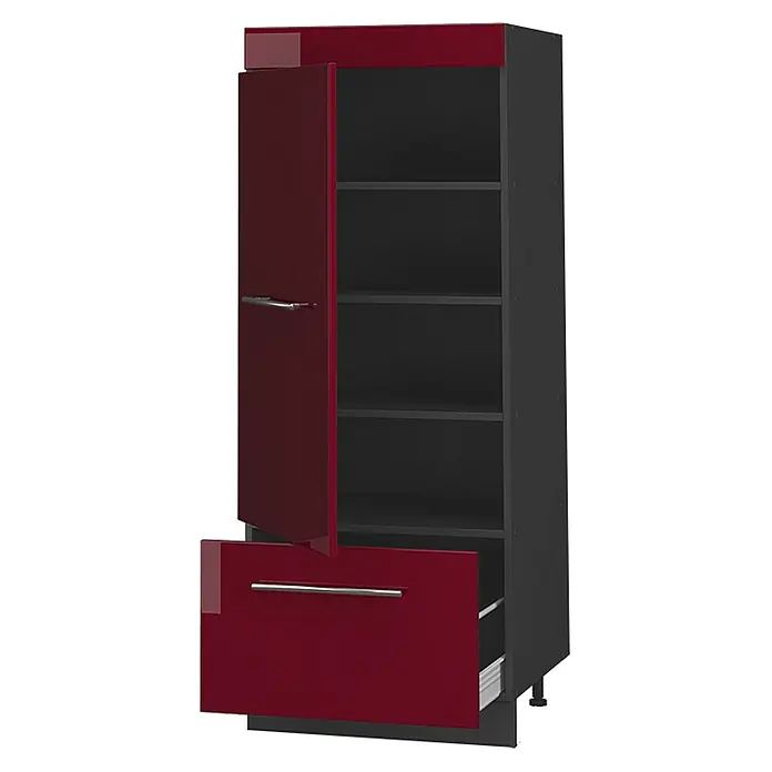 Vorratsschrank Fame-Line 60 cm Bordeaux Hochglanz Art.-Nr. 62653 -  - Hoher, dunkelgrauer Schrank mit glänzenden burgunderroten Türen und einer offenen Schublade mit Einlegeböden.