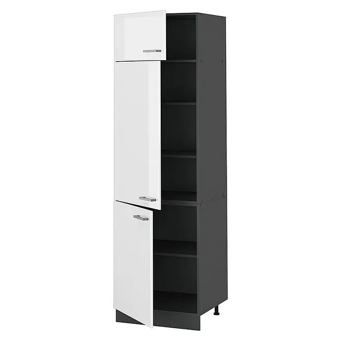 Vorratsschrank R-Line 60 cm Weiß Hochglanz Art.-Nr. 63198 -  - Hoher zweifarbiger Schrank mit drei glänzenden, leicht geöffneten weißen Türen links und offenen dunkelgrauen Regalen rechts.