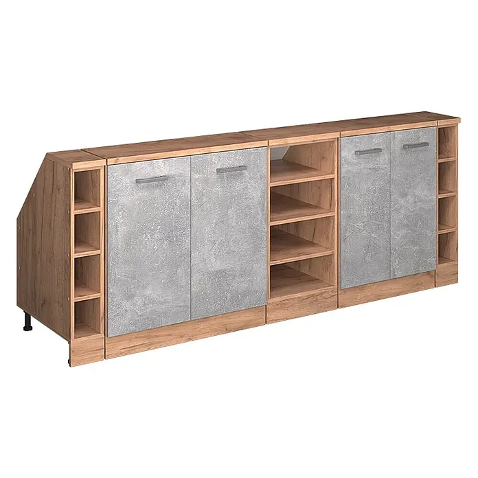 Küchenschrank für Dachschrägen R-Line 210 cm Beton Art.-Nr. 59988 -  - Modulares Sideboard in Holzoptik und Beton-Look, mit offenen Regalen und geschlossenen Schränken für vielseitigen Stauraum.
