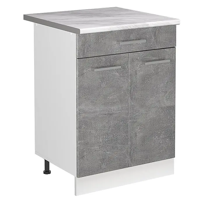 Spülenunterschrank R-Line 60 cm Beton Art.-Nr. 72994 -  - Kompakter Küchenunterschrank mit weißen Seiten, grauer Betonoptik-Schublade/-Türen, Marmorplatte und silbernen Griffen.