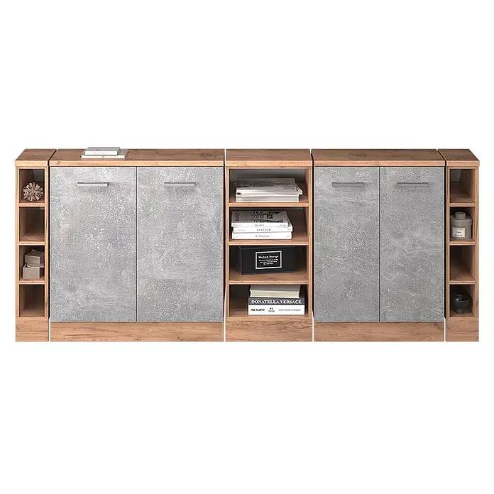 Küchenschrank für Dachschrägen R-Line 210 cm Beton Art.-Nr. 59988 -  - Sideboard mit Betoneffekt-Türen und Holzrahmen, inklusive offener Regalelemente.