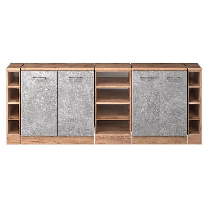 Küchenschrank für Dachschrägen R-Line 210 cm Beton Art.-Nr. 59988 -  - Modulares Sideboard mit zwei grauen Schränken in Betonoptik und offenen Holzregalen. Moderne Aufbewahrungseinheit.