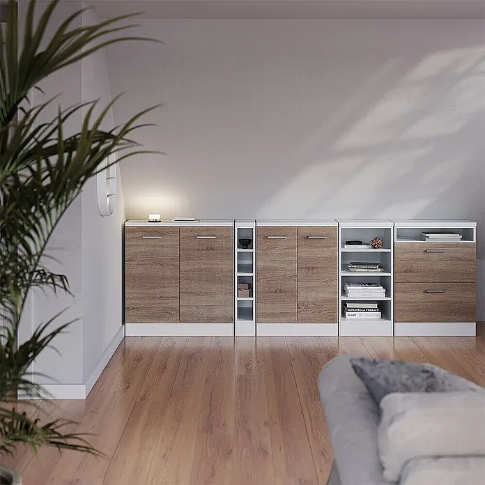 Küchenschrank für Dachschrägen R-Line 60 cm Sonoma Art.-Nr. 60195 -  - Modulare Aufbewahrungsmöbel mit Holzoptik-Türen und weißen Rahmen, an einer Wand angeordnet. Mit offenen Regalen und Schubladen zur Organisation.