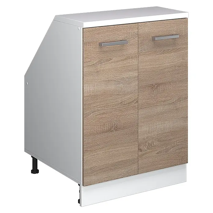 Küchenschrank für Dachschrägen R-Line 60 cm Sonoma Art.-Nr. 60195 -  - Weiß-holzfarbener Unterschrank mit zwei Türen, abgeschrägter Seite und silbernen Griffen für Küche/Hauswirtschaftsraum.