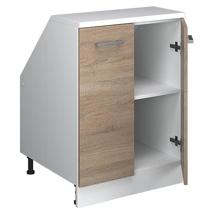 Küchenschrank für Dachschrägen R-Line 60 cm Sonoma Art.-Nr. 60195 -  - Weißer und hellbrauner Eicheneffekt-Schrank mit schräger linker Seite, Tür, offenem Regal und verstellbaren Füßen.
