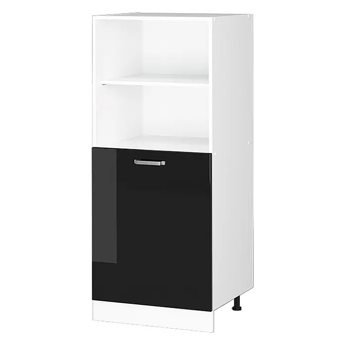 Küchenfront R-Line 59.6 cm Schwarz Hochglanz Art.-Nr. 40926 -  - Weißer Schrank mit offenen Fächern und glänzender schwarzer Tür mit silbernem Griff, auf verstellbaren Füßen.