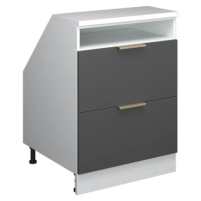 Küchenschrank für Dachschrägen R-Line 60 cm Anthrazit-Gold Art.-Nr. 60663 -  - Weiß-grauer Küchenunterschrank mit zwei dunkelgrauen Schubladen, offener Ablage, goldfarbenen Griffen und abgeschrägter Seite.