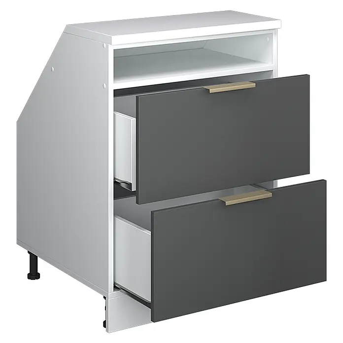 Küchenschrank für Dachschrägen R-Line 60 cm Anthrazit-Gold Art.-Nr. 60663 -  - Grauer und weißer Eckunterschrank mit zwei geöffneten Schubladen und goldenen Griffen, auf verstellbaren Füßen.