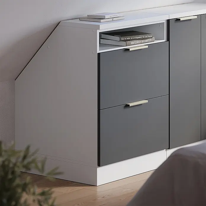 Küchenschrank für Dachschrägen R-Line 60 cm Anthrazit-Gold Art.-Nr. 60663 -  - Weißes und graues maßgefertigtes Schränkchen mit Schubladen und Fächern für Dachschrägen.