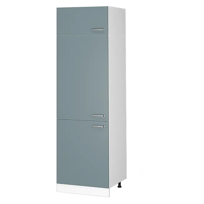 Küchenfront R-Line 59.6 cm Blau-Grau Art.-Nr. 40942 -  - Hoher blau-grauer Schrank mit drei Türen, silbernen Griffen, weißem Korpus und weißer Sockelleiste auf schwarzen Füßen.