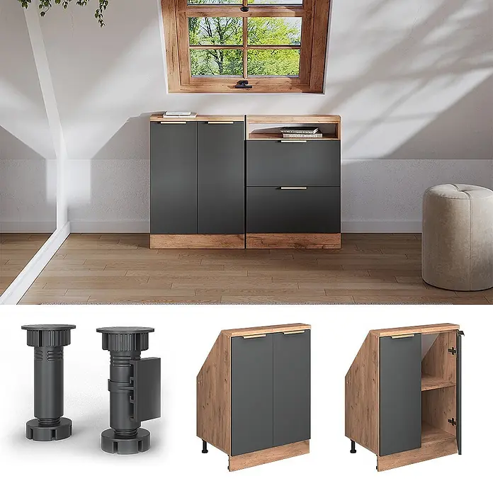 Küchenschrank für Dachschrägen R-Line 60 cm Anthrazit-Gold Art.-Nr. 60631 -  - Modulare Dachschrägenschränke mit dunkelgrauen Fronten und Holzoptik, mit anpassbarem Design und verstellbaren Füßen.