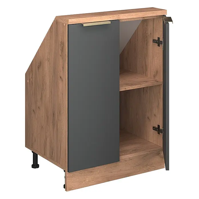 Küchenschrank für Dachschrägen R-Line 60 cm Anthrazit-Gold Art.-Nr. 60631 -  - Schräger Eckunterschrank in Holzoptik und Dunkelgrau, mit Tür, Regal und verstellbaren Füßen.
