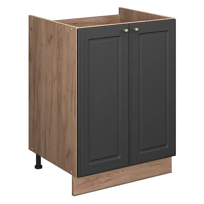 Spülenunterschrank Fame-Line 60 cm Anthrazit-Gold Landhaus Art.-Nr. 65221 -  - Zweitüriger Küchenunterschrank mit dunkelgrauen Türen, Holzdekor-Rahmen und goldenen Griffen.