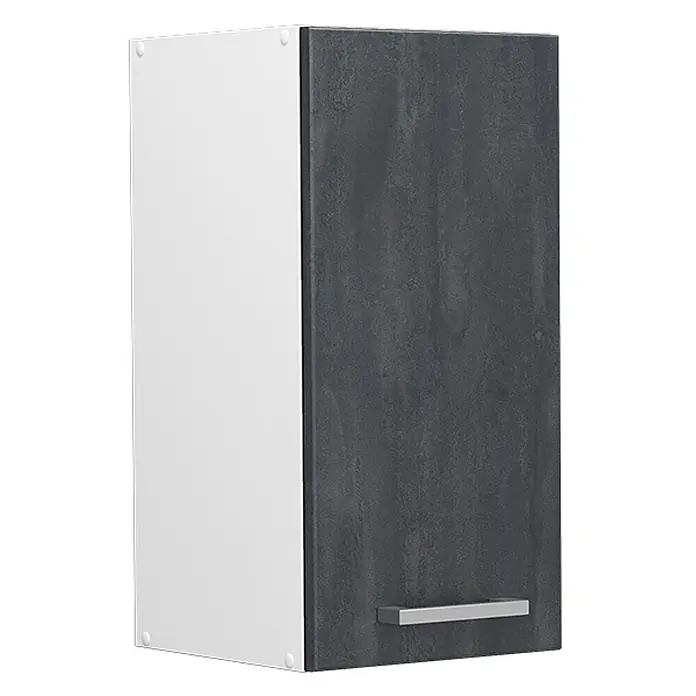 Küchenfront R-Line 29.6 cm Schwarz Beton Art.-Nr. 42832 -  - Weißer und dunkelgrauer Hängeschrank mit Betontür und silbernem Griff.