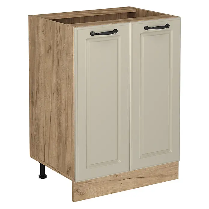 Küchenunterschrank R-Line 60 cm Sand Landhaus Art.-Nr. 71212 -  - Zweitüriger Küchenunterschrank mit hellbeigen Fronten, schwarzen Griffen und Korpus in heller Holzoptik.
