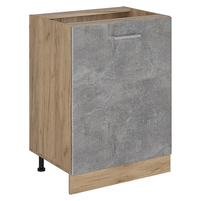 Küchenunterschrank R-Line 60 cm Beton Art.-Nr. 72154 -  - Zweifarbiger Küchenunterschrank mit hellem Holzdekor und grauer Betonoptik-Front mit silbernem Griff.