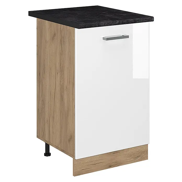 Küchenunterschrank R-Line 50 cm Weiß Hochglanz Art.-Nr. 70411 -  - Küchenunterschrank mit schwarzer Arbeitsplatte, Holzdekor-Seitenwand und -Sockel, sowie weißglänzender Tür mit silbernem Griff.