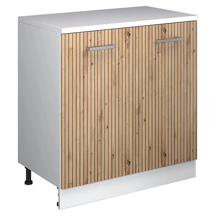 Küchenschrank für Dachschrägen R-Line 80 cm Artisan-Eiche Art.-Nr. 61817 -  - Weißer Küchenunterschrank mit geriffelten Türen in Holzoptik, silbernen Griffen und weißer Sockelblende.
