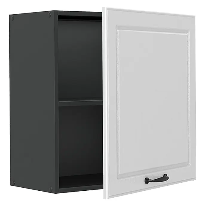Hängeschrank R-Line 60 cm Weiß Landhaus Art.-Nr. 65803 -  - Dunkelgrauer Wandschrank mit offener weißer Kassettentür und schwarzem Griff, zeigt ein Innenregal.