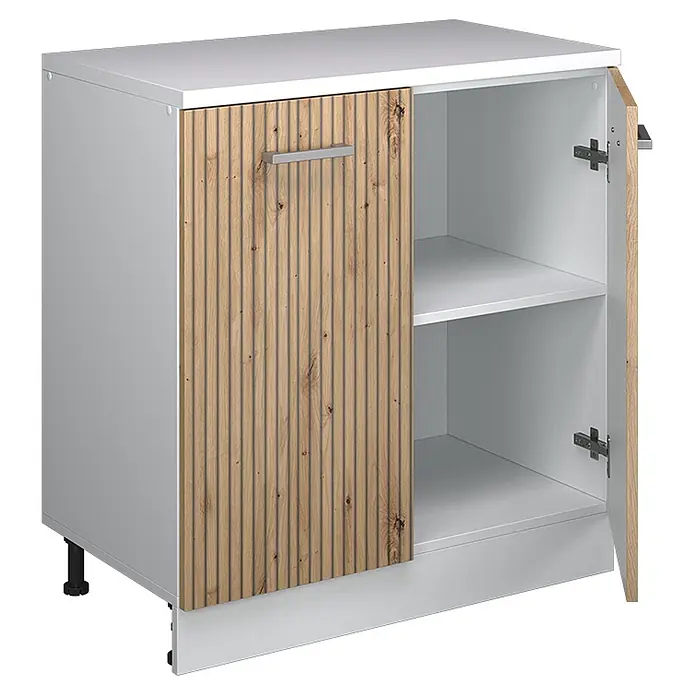 Küchenschrank für Dachschrägen R-Line 80 cm Artisan-Eiche Art.-Nr. 61817 -  - Weißer Schrank mit gerillter heller Holztür, silbernem Griff und offenem Fach mit weißen Regalen.