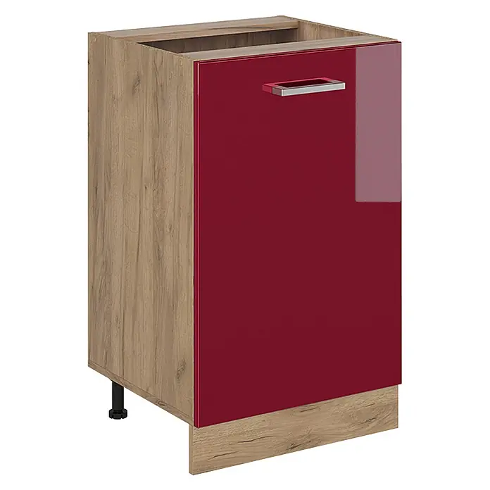 Küchenunterschrank R-Line 50 cm Rot Hochglanz Art.-Nr. 70393 -  - Küchenunterschrank mit Holzseiten, glänzend roter Tür, silbernem Griff und Holzsockel.
