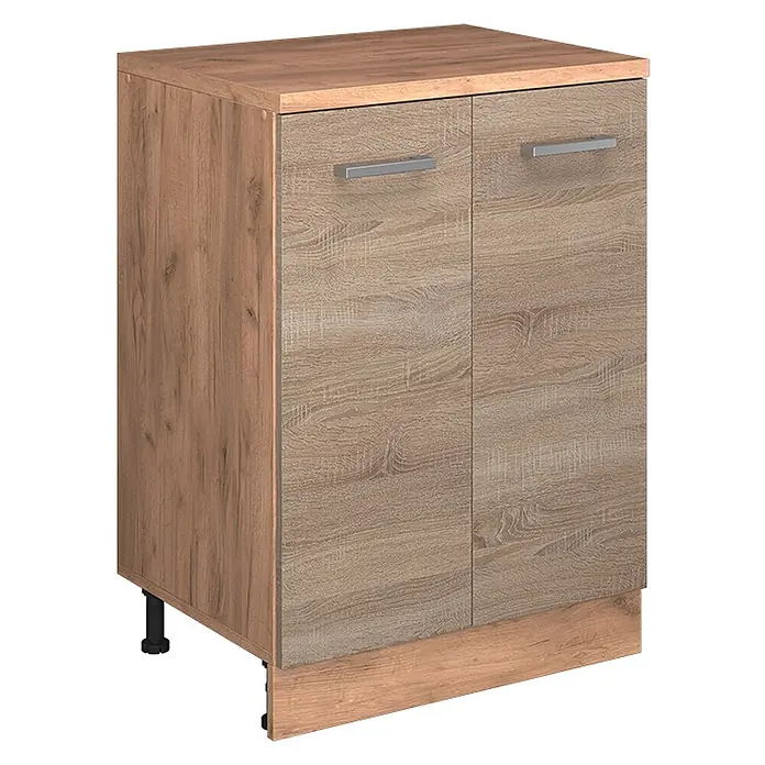 Küchenschrank für Dachschrägen R-Line 60 cm Sonoma Art.-Nr. 61765 -  - Heller Küchenunterschrank in Holzoptik mit zwei Türen, silbernen Griffen und Sockel.