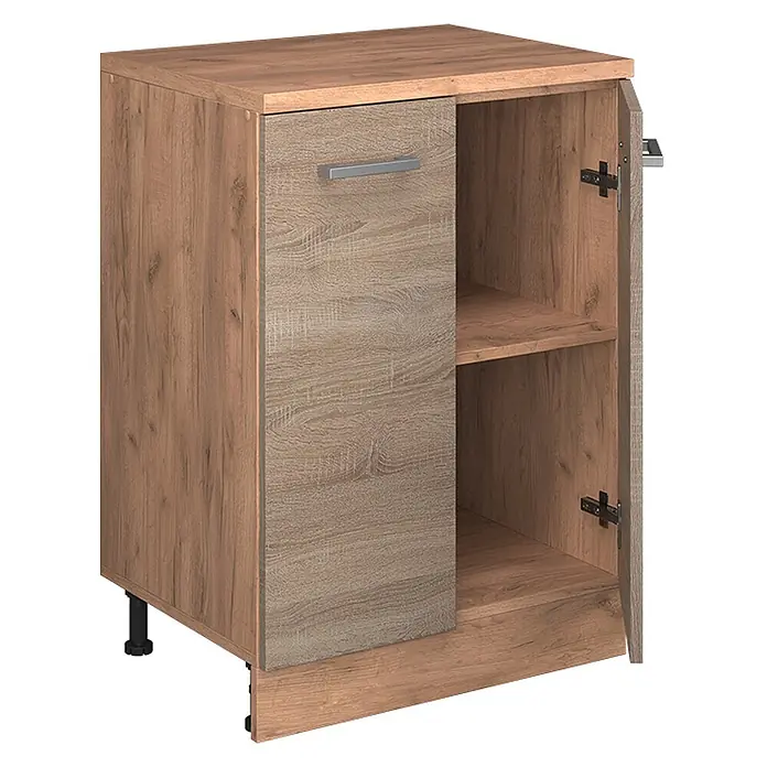 Küchenschrank für Dachschrägen R-Line 60 cm Sonoma Art.-Nr. 61765 -  - Hellbrauner Schrank in Holzoptik mit einem geschlossenen, einem offenen Fach mit Regal und verstellbaren Füßen.