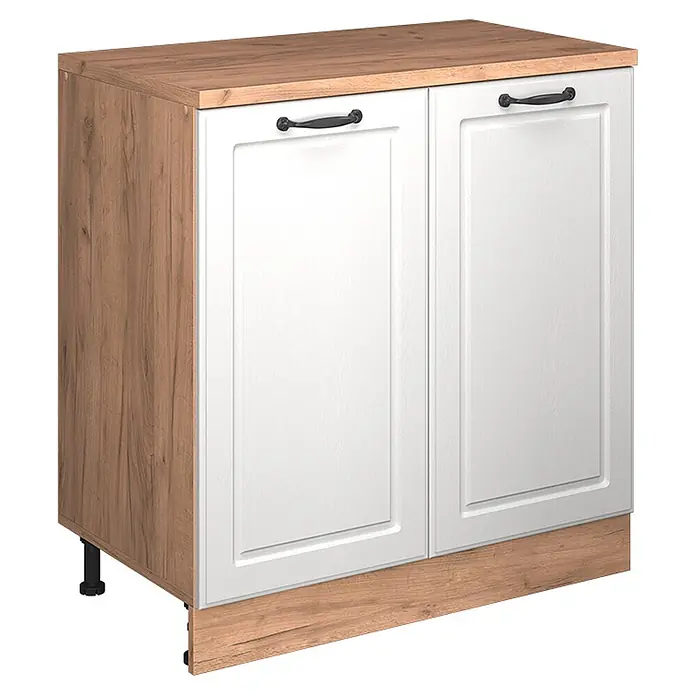 Küchenschrank für Dachschrägen R-Line 80 cm Weiß Landhaus Art.-Nr. 61812 -  - Küchenunterschrank in Holzoptik mit weißen Kassettenüren und schwarzen Griffen, passender Arbeitsplatte und Sockelblende.