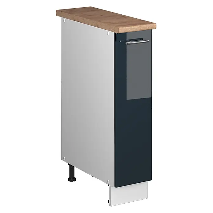 Apothekerschrank Fame-Line 20 cm Dunkelblau Hochglanz Art.-Nr. 62076 -  - Schmaler Unterschrank mit Holzoptik-Platte, grauen Seiten und dunkelblauer glänzender Auszugfront mit Griff.