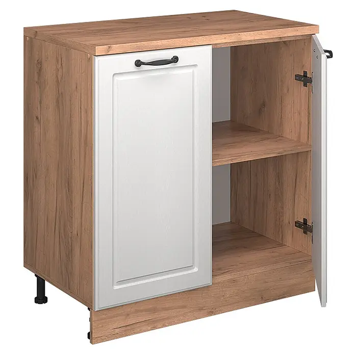 Küchenschrank für Dachschrägen R-Line 80 cm Weiß Landhaus Art.-Nr. 61812 -  - Zweifarbiger Küchenunterschrank mit Eicheneffekt-Korpus und weißer Tür, offenes Regalfach.