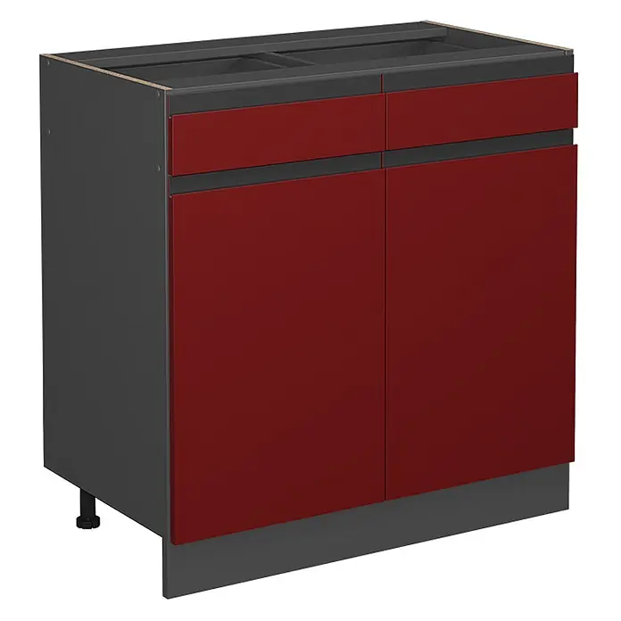 Küchenfront R-Line 79.2 cm Rot Art.-Nr. 39526 -  - Dunkelgrauer Küchenunterschrank mit matten roten Schubladen- und Türfronten, inklusive Sockelblende.