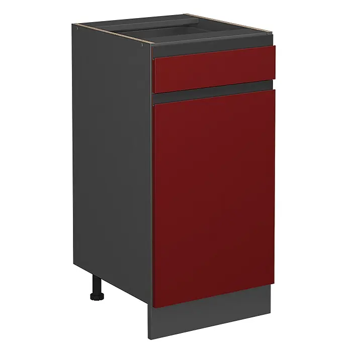 Küchenfront R-Line 39.6 cm Rot Art.-Nr. 39517 -  - Dunkelgrauer Küchenunterschrank mit einer roten Schublade und einer roten Tür, auf verstellbaren Füßen mit Sockelblende.