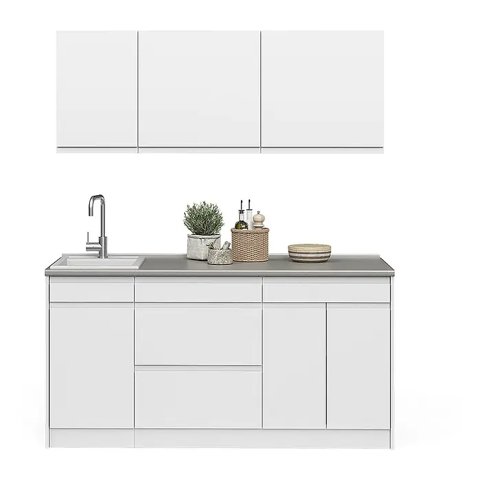 Singleküche R-Line 160 cm Weiß Art.-Nr. 70567 -  - Moderne weiße Küchenschränke mit grauer Arbeitsplatte und Spüle, bestehend aus Oberschränken und Unterschränken mit Schubladen und Türen.