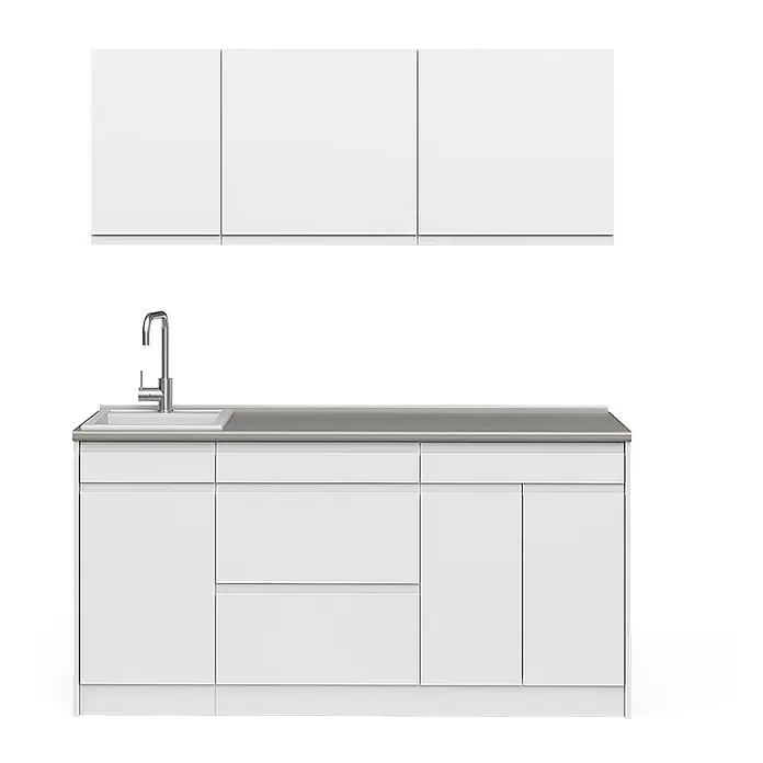 Singleküche R-Line 160 cm Weiß Art.-Nr. 70567 -  - Weiße modulare Küchenzeile mit grauer Arbeitsplatte, Spüle, Chromarmatur und drei Oberschränken.