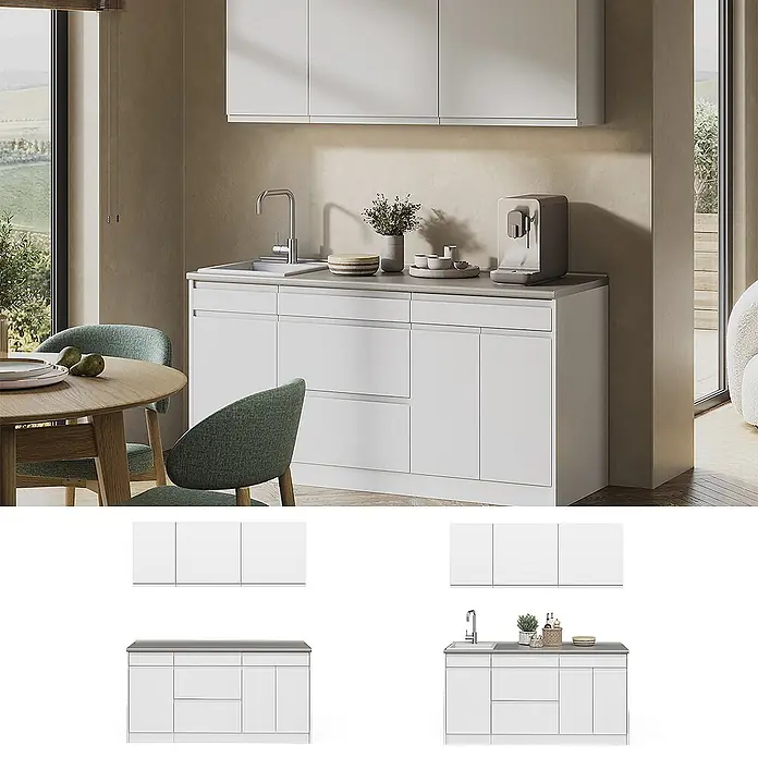 Singleküche R-Line 160 cm Weiß Art.-Nr. 70567 -  - Moderne weiße Küchenschränke mit grauer Arbeitsplatte und integrierter Spüle in einer zeitgenössischen Küche.