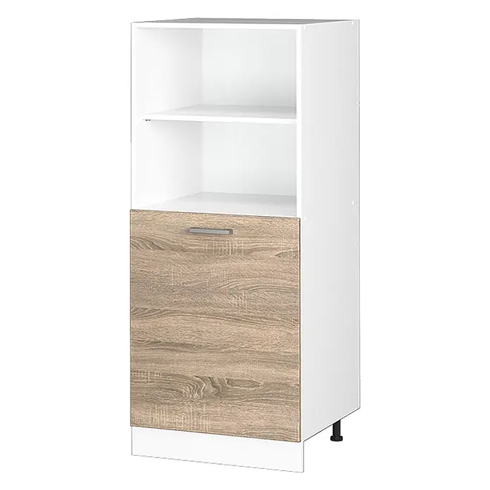 Küchenfront R-Line 59.6 cm Sonoma Art.-Nr. 37379 -  - Weißer Schrank mit zwei offenen Fächern, einer hellen Holzdekor-Tür mit silbernem Griff und verstellbaren schwarzen Füßen.