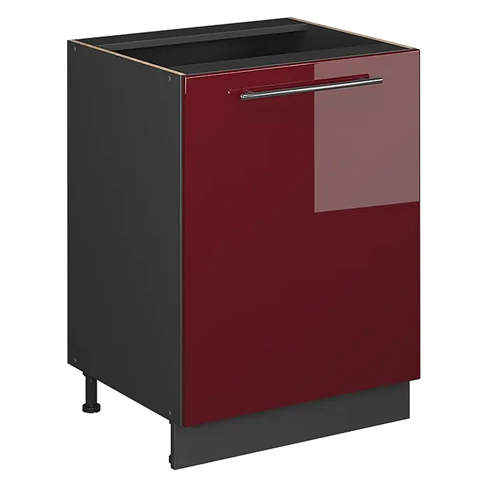 Küchenunterschrank Fame-Line 60 cm Bordeaux Hochglanz Art.-Nr. 65153 -  - Dunkelgrauer Küchenunterschrank mit glänzender, tiefroter Tür und silbernem Griff.